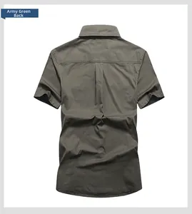 Detail view of the back of a military green short-sleeve work shirt with pleated structure