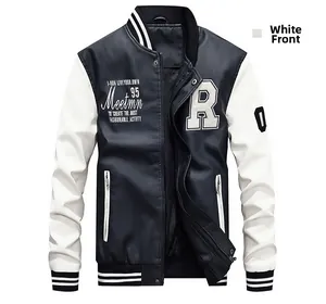 Detail view of American varsity jacket with leather texture and white contrast sleeves
