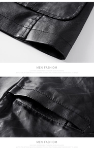 Detail view of premium black PU leather jacket showing stitching and silk lining texture