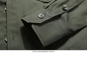 Detailed macro view of olive green military shirt cuff with twill fabric and textured button