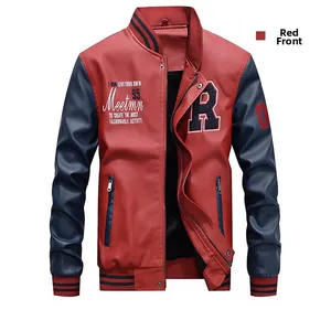 Detail of red faux leather jacket with navy sleeves, R patch and Meetmn 95 embroidery