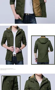 Detail view of military green hooded jacket featuring warm brown fleece lining and pockets