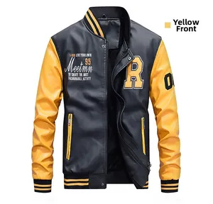Detail of baseball collar and embroidered letter patches on black and yellow PU jacket