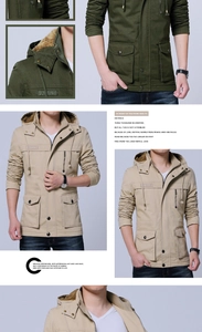 Detail view of military style men's hooded jacket featuring warm fleece lining and multi-pockets