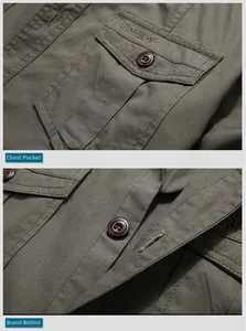 Detail of army green work shirt featuring chest flap pocket with FASHION embroidery