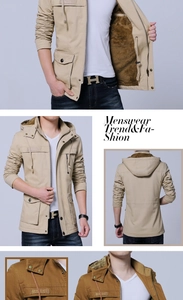 Detail view of khaki hooded jacket featuring warm fleece lining and chest embroidery