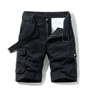 Men's loose multi-pocket cargo shorts in black durable cotton with woven belt