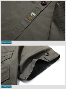 Detail view of army green work shirt featuring classic buttons and fashion label branding