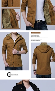 Detail of caramel hooded jacket featuring warm fleece lining and sturdy canvas fabric
