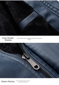 Detail view of smooth metal zipper and secure inner pocket on navy blue PU leather jacket