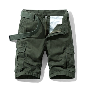 Army green men's cargo shorts with flap pockets and matching woven canvas belt
