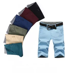 Detail view of slim fit casual cotton shorts for men in seven colors with grid pattern lining