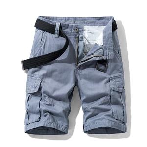 Men's loose cargo shorts in blue-grey cotton canvas with multi-pockets and woven belt