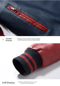 Detail of navy blue PU leather jacket showing zipped pocket and striped ribbed cuffs