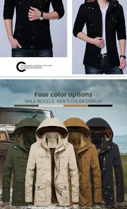 Detail view of hooded fleece-lined jackets for men in army green, beige, brown, and black