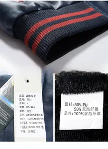 Detail of blue PU leather jacket showing striped knit hem and fabric composition tags
