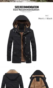 Detail of men's hooded jacket featuring warm brown fleece lining and black windproof fabric