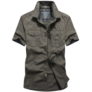 Men 100% Cotton Short Sleeve Cargo Shirt Casual Solid Color Workwear Top With Double Pockets And Plaid Lining For Men Clothing