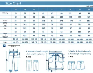 Detailed size chart for men slim shorts including waist and hip measurements