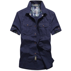 Men's navy blue short sleeve cargo shirt with plaid inner collar and double chest pockets