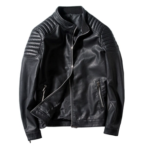 Men's PU Leather Jacket Stand Collar Slim Fit Biker Motorcycle Coat With Quilted Shoulder Details Solid Color Zipper Top