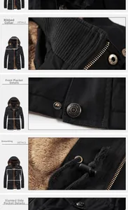 Detailed views of the men's winter parka including ribbed collar and snap button placket