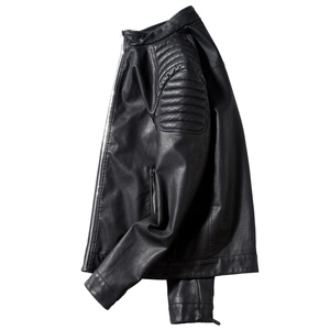 Men's black PU leather biker jacket featuring quilted shoulders and metal zipper details