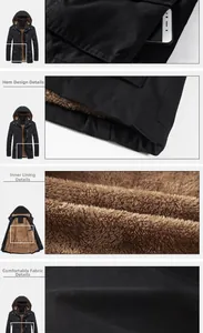 Detail of men's hooded parka jacket with thick faux fleece lining and windproof side pockets