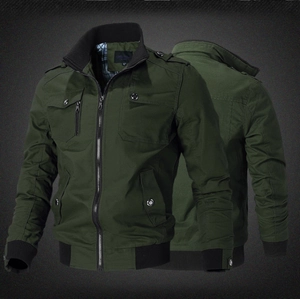 Front and back view of military-style cotton jacket with stand collar and rib cuffs
