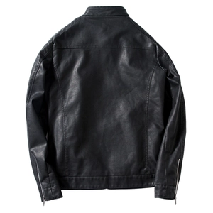 Men's black motorcycle PU leather jacket with a back view showing textured stitch details