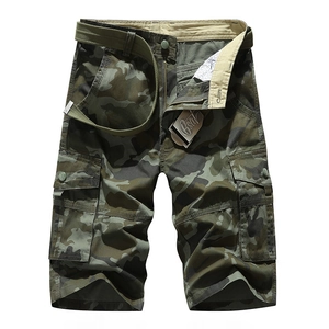 Men's camouflage cargo shorts with multiple pockets and a matching woven belt