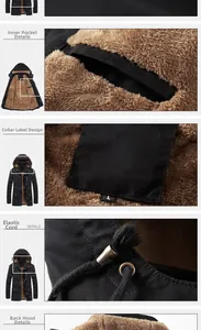 Detail of men's hooded jacket featuring plush fleece lining and internal pocket