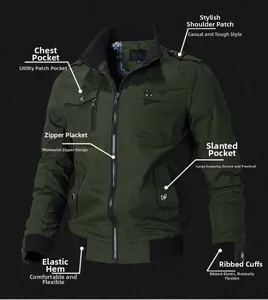 Army green cargo jacket detail featuring epaulets and symmetrical flap chest pockets