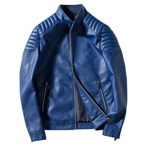 Men's navy blue PU leather bomber jacket with stand collar and quilted shoulder details