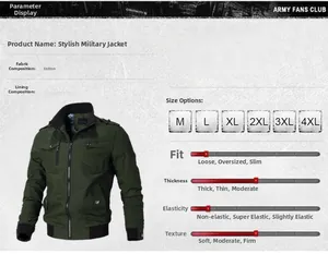Detailed chart showing military green cotton jacket features and fabric specifications