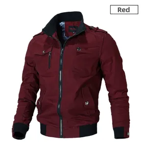 Detail of burgundy casual jacket with black ribbed stand-up collar and metal zipper
