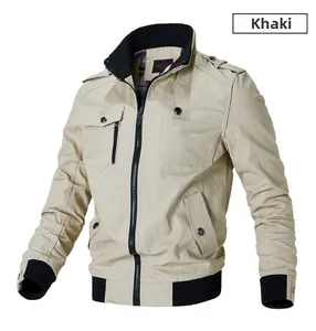 Detail of khaki military style jacket showing stand collar and contrast black ribbed cuffs