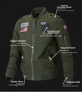 Detail view of cotton bomber jacket with military embroidery and shoulder epaulettes