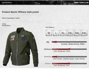 Detail view of olive green flight jacket with military patches and sleeve zipper pocket
