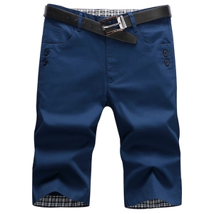 Men's slim fit navy casual shorts with plaid lining and black belt on white background