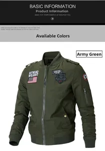 Close-up of military green bomber jacket featuring vintage embroidery patches and epaulets