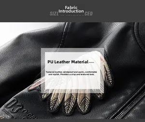 Detail der mattschwarzen PU-Lederjacke mit Flügelstickerei und Metallreißverschluss