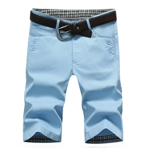 Men's light blue casual cotton shorts with brown leather belt and plaid inner lining