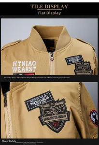 Detailed embroidery patches and epaulets on a khaki standing collar bomber jacket