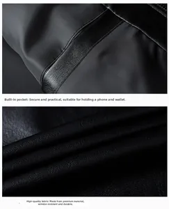 Detailaufnahme der schwarzen Lederjacke mit robuster Textur und innerer Reißverschlusstasche