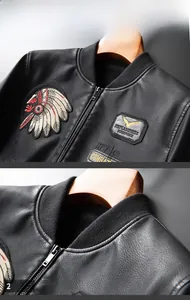 Detail der Leder-Fliegerjacke mit Indianer-Stickerei und Metallreißverschluss am Kragen