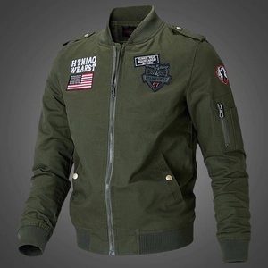 Army green bomber jacket for men with embroidered tactical patches and ribbed trims