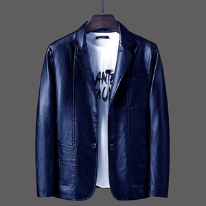 Classic navy blue men's PU leather blazer jacket with notched lapels and two-button closure