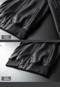 Detailansicht der Herren-Lederjacke mit Rippstrickbund und Taschen mit Reißverschluss