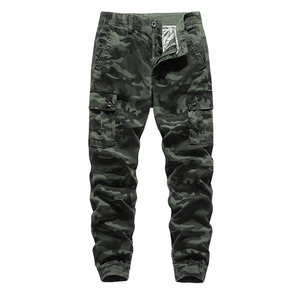 Close-up of forest camo cargo pants with side flap pockets and elastic jogger cuffs